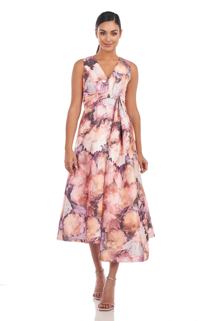 Kay Unger Lani Midi Dress Women's 0 Pink Floral A-Line Sleeveless NWT
